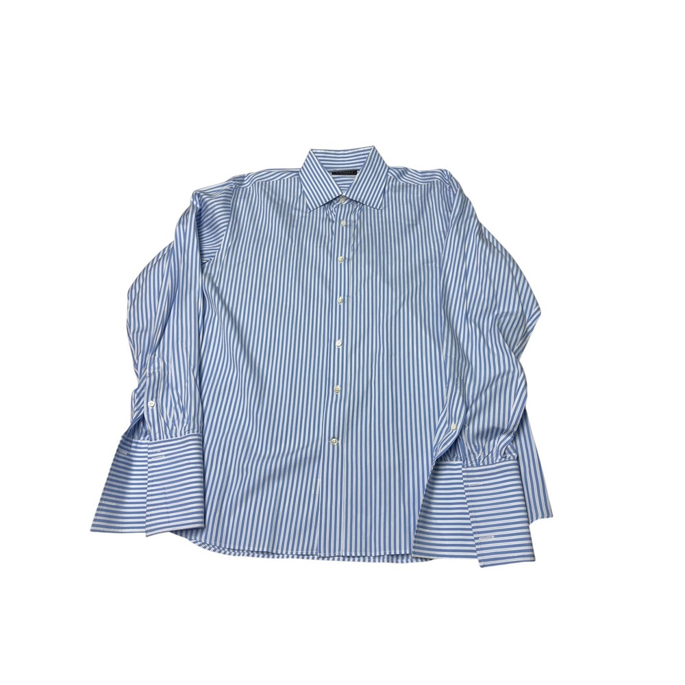 Canali Mens Blue White Striped French Cuff Dress Shirt Size 17 43 Made in Italy
